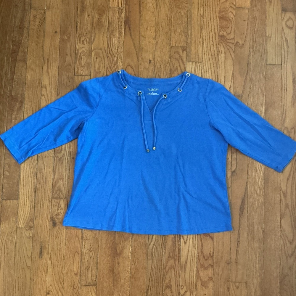 TALBOTS Plus Grommet Tie 100% Cotton Knit TOP Popover Size XL Blue 3/4 Slve